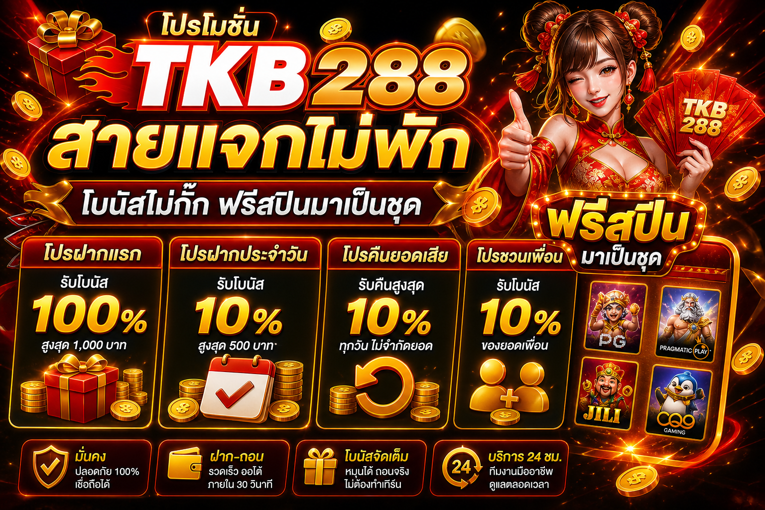 โปรโมชั่น TKB288 สายแจกไม่พัก โบนัสไม่กั๊ก ฟรีสปินมาเป็นชุด